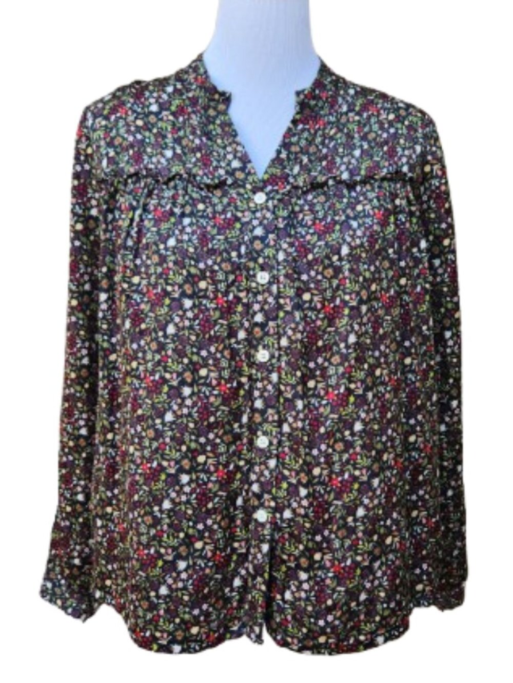 Saccharine Multicolor Dark Floral Print Button-Up Blouse Ruffle Trim Cotton Silk
